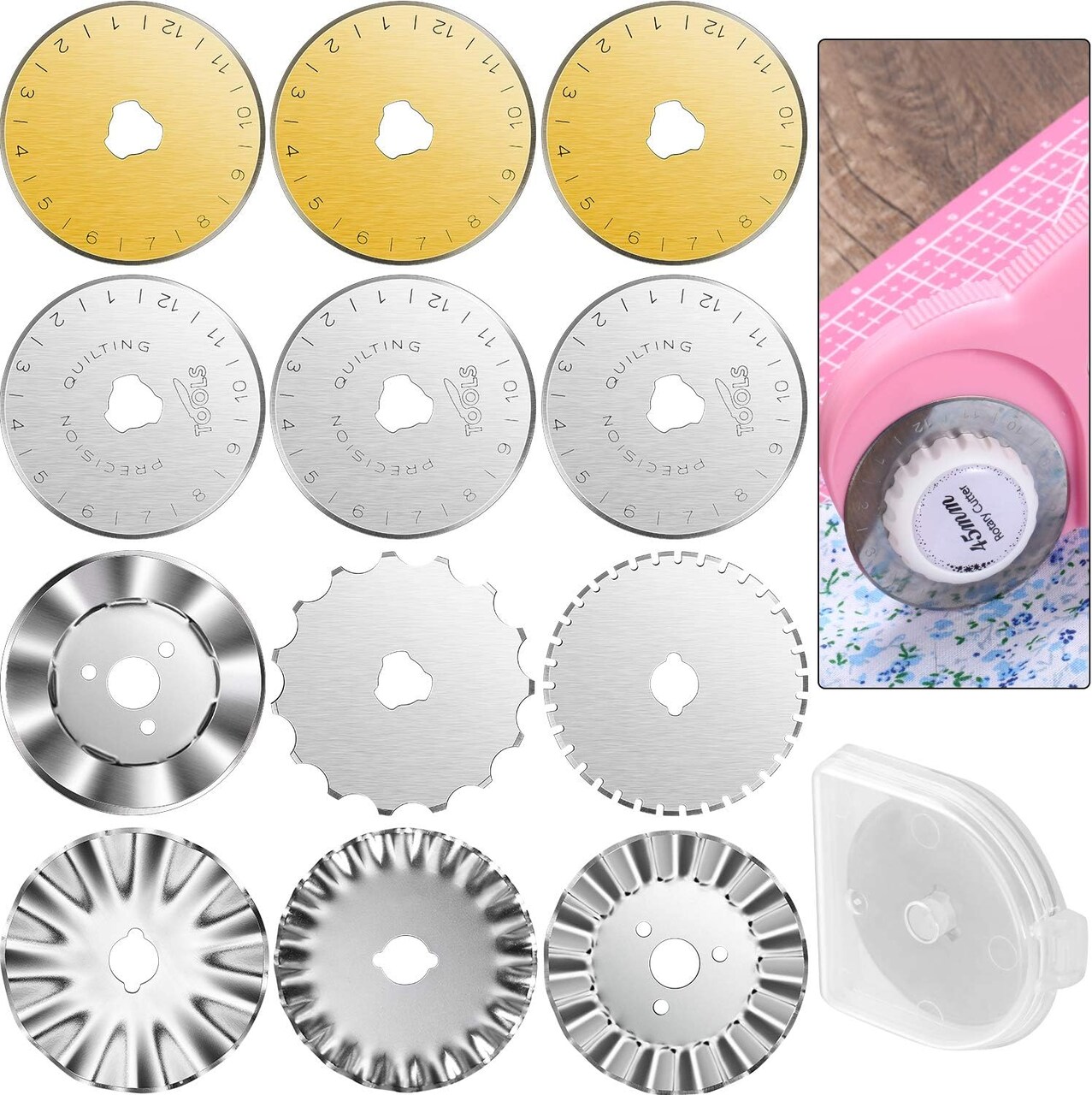 45mm Rotary Cutter Blades 12 Pcs Replacement Rotary Blades with Compatible for Arts Crafts Quilting Scrapbooking Sewing, 8 Types, Sharp and Durable